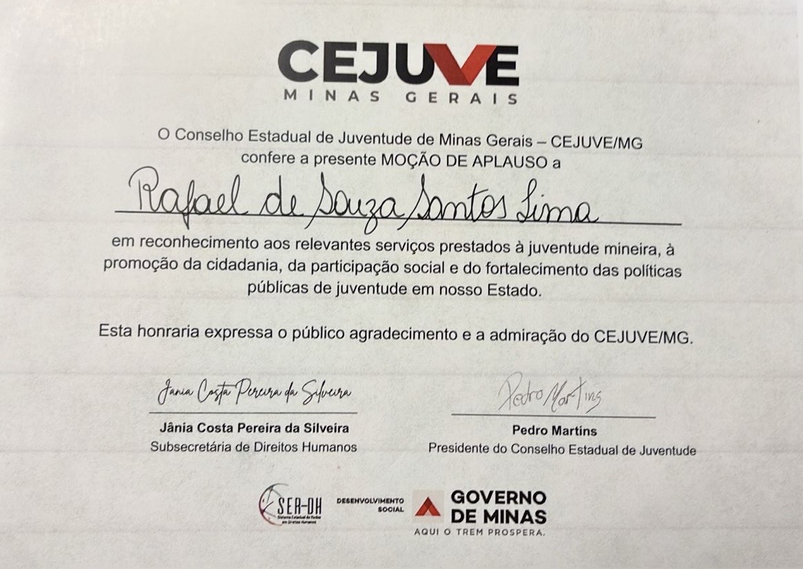 Certificado da Moção de Aplauso do CEJUVE/MG concedida a Rafael de Souza Santos Lima em 2025